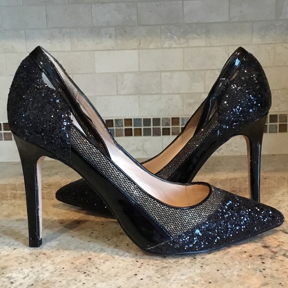 Lucy Choi London Black Glitter Cut Out Heels